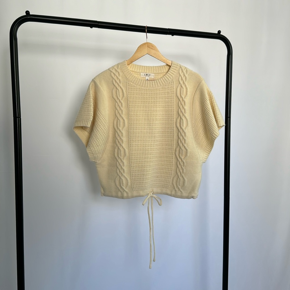 Cream Cable Knit Short Sleeved Sweater With Draw String Waist | Fall Transition